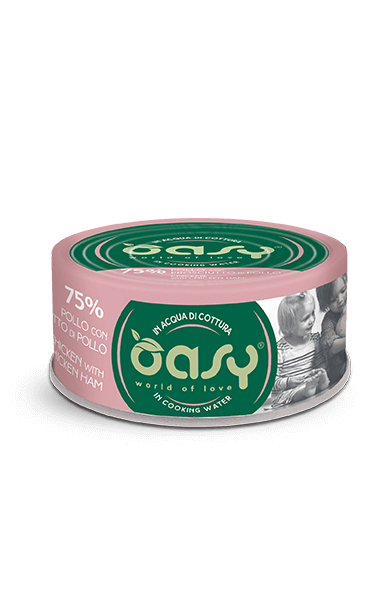 Oasy umido gatto adulto 24x70g pollo con prosciutto in acqua di cottura, alimento complementare naturale in formato scorta Oasy umido gatto adulto 24x70g pollo con prosciutto in acqua di cottura, alimento complementare naturale in formato scorta